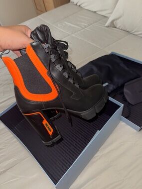 Prada Black and Orange Chunky-Heel Lace-Up Ankle Boots